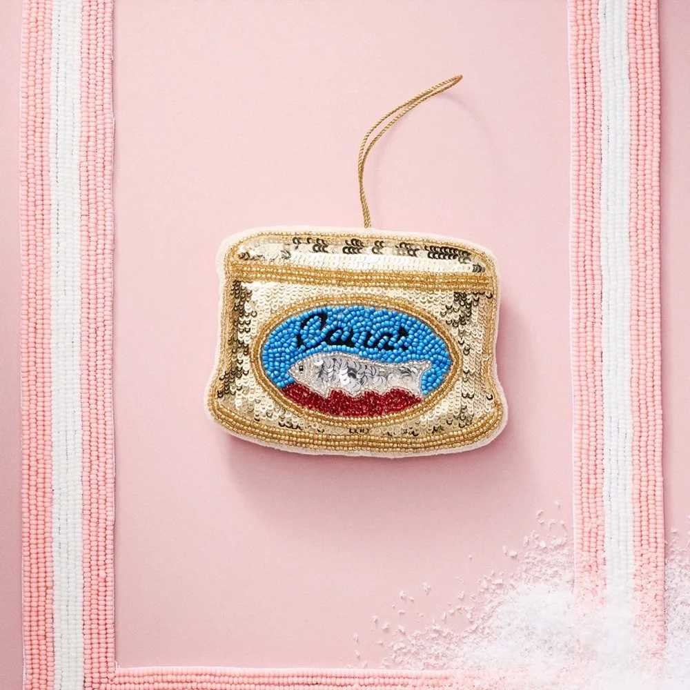 New! Anthropologie Beaded Accoutrement “Caviar” Ornament, Gold and Blue Accent